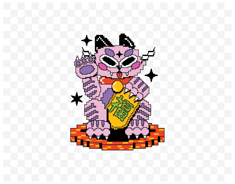 Cartoon cat artwork saved on a transparent background, shown as a grey checkerboard